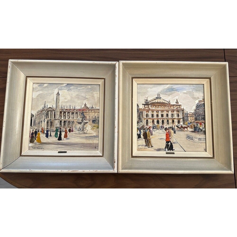 M. MARESCA Pair of ORIGINAL Framed 12" X 12" Oil Paintings On Tile St. in Paris